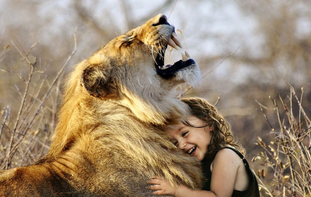 menina abraçando um leão